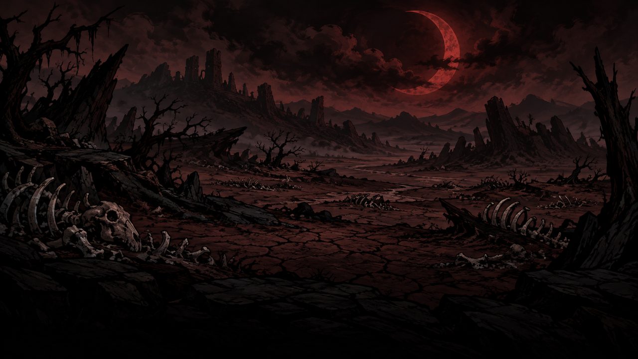 Bone-strewn barrens beneath a blood-red moon.