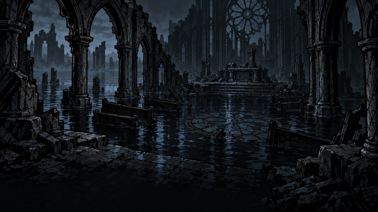 The ruined chapel and its flooded, moonlit nave.