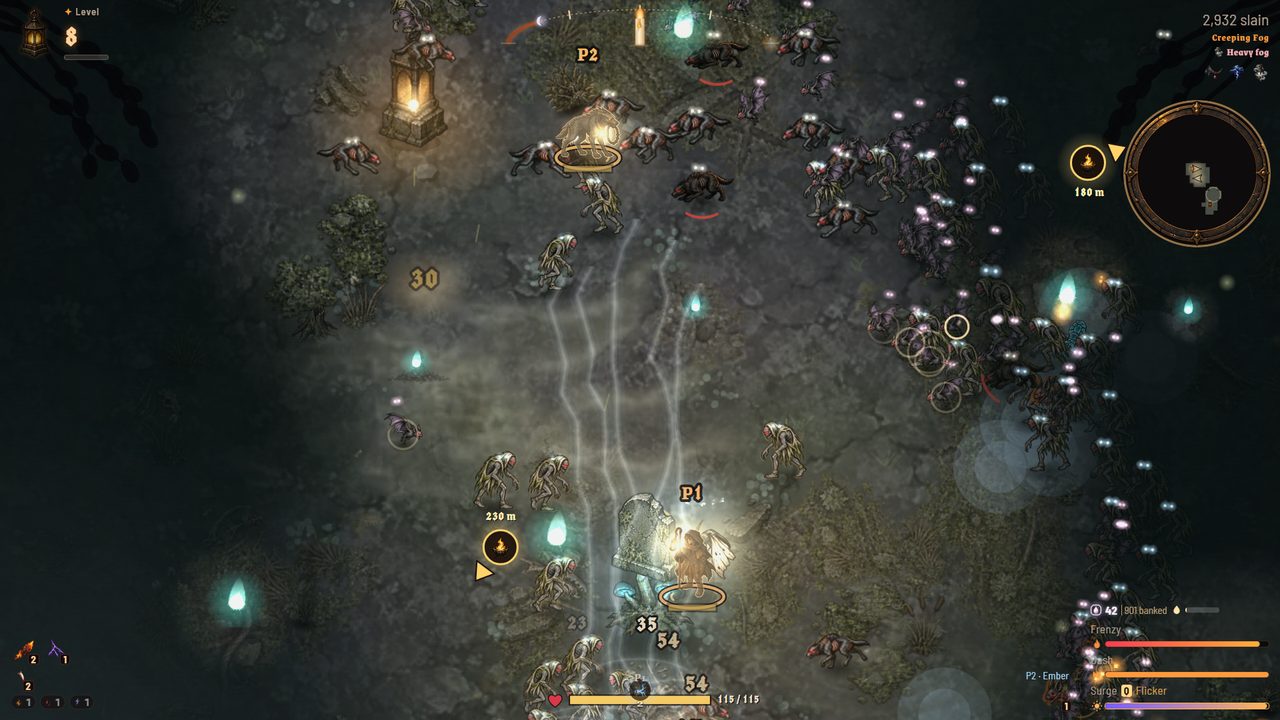 Gameplay: Wren and Ember fight side by side near a lit lantern on the moor.