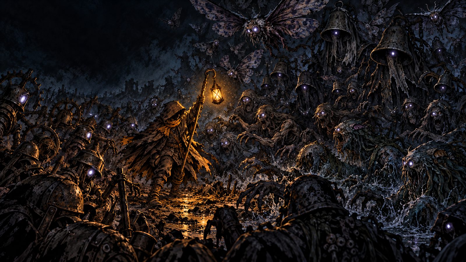 A lantern bearer raises a light against a horde of creatures beneath tolling bells.