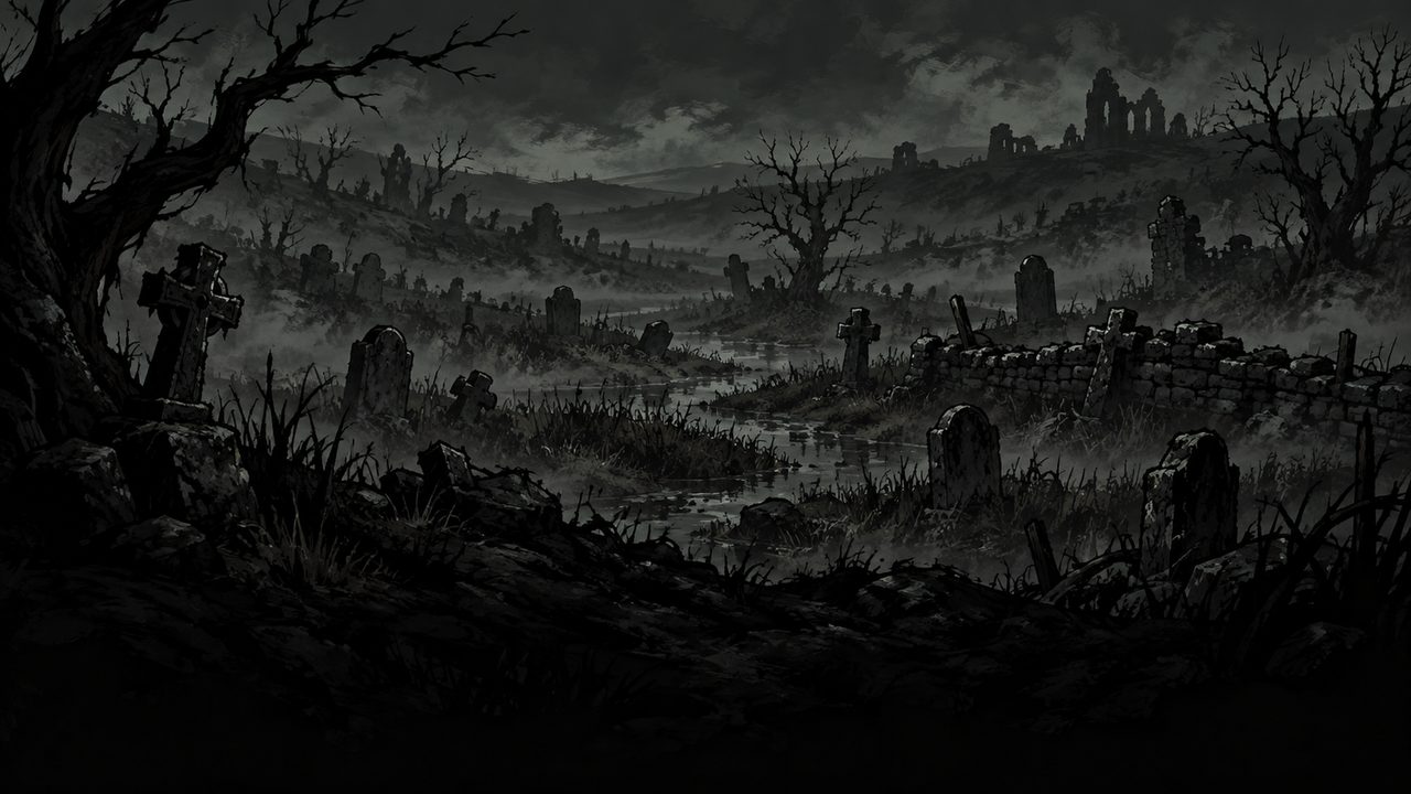 A fogbound moor with crooked trees, gravestones and distant ruins.