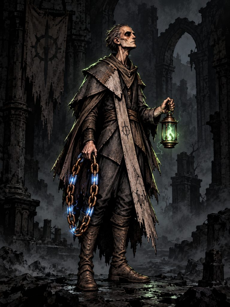 The Hollow Wick carrying a cold green lantern among ruined arches.
