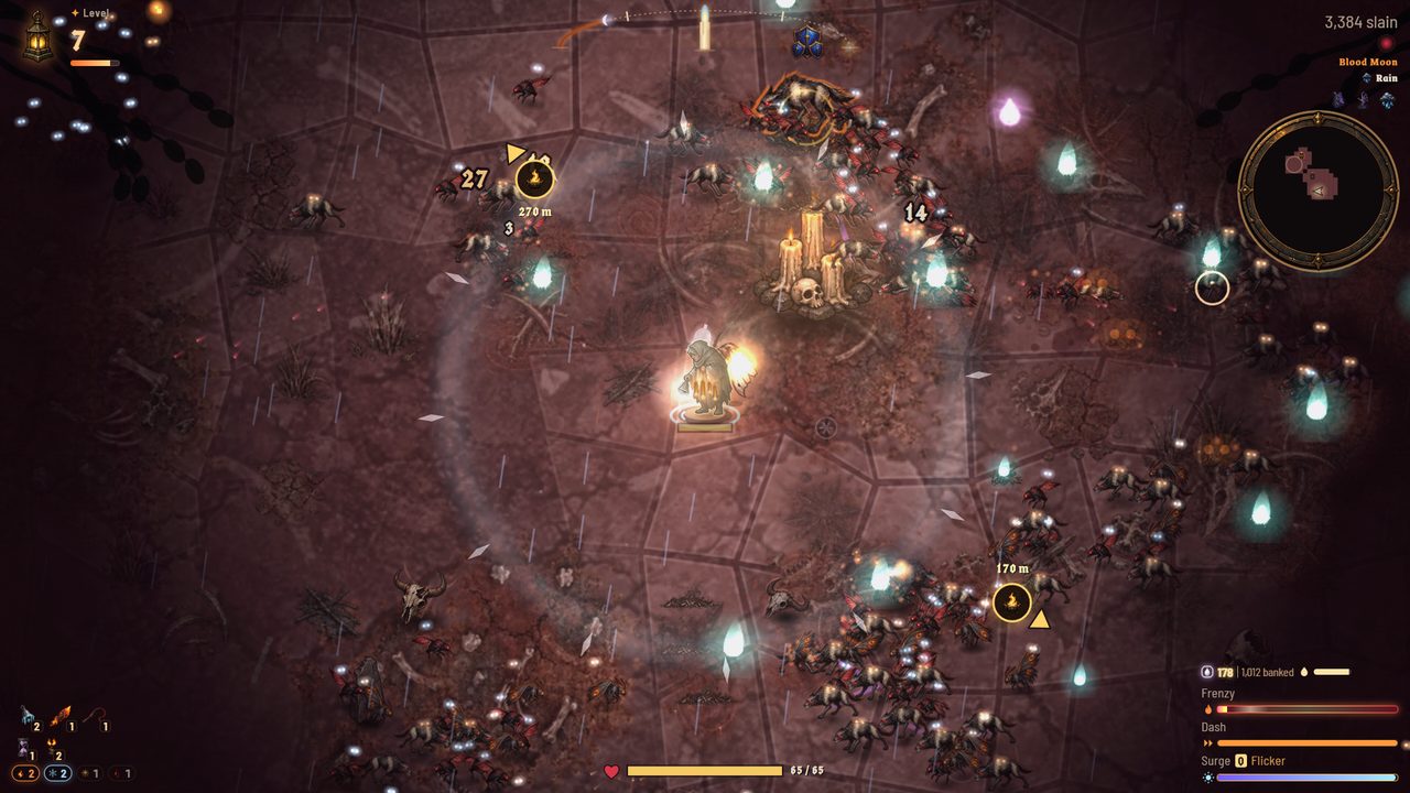 Gameplay: Mireille fights a crowd among bone candles on the Blood Moon Barrens.