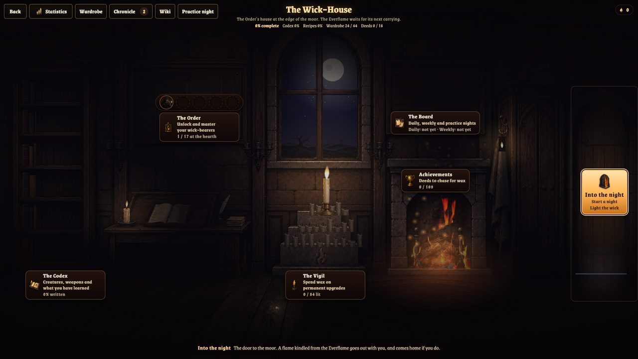 The Wick-House: a candle-lit room where the Order, the Board and the Vigil wait between nights.