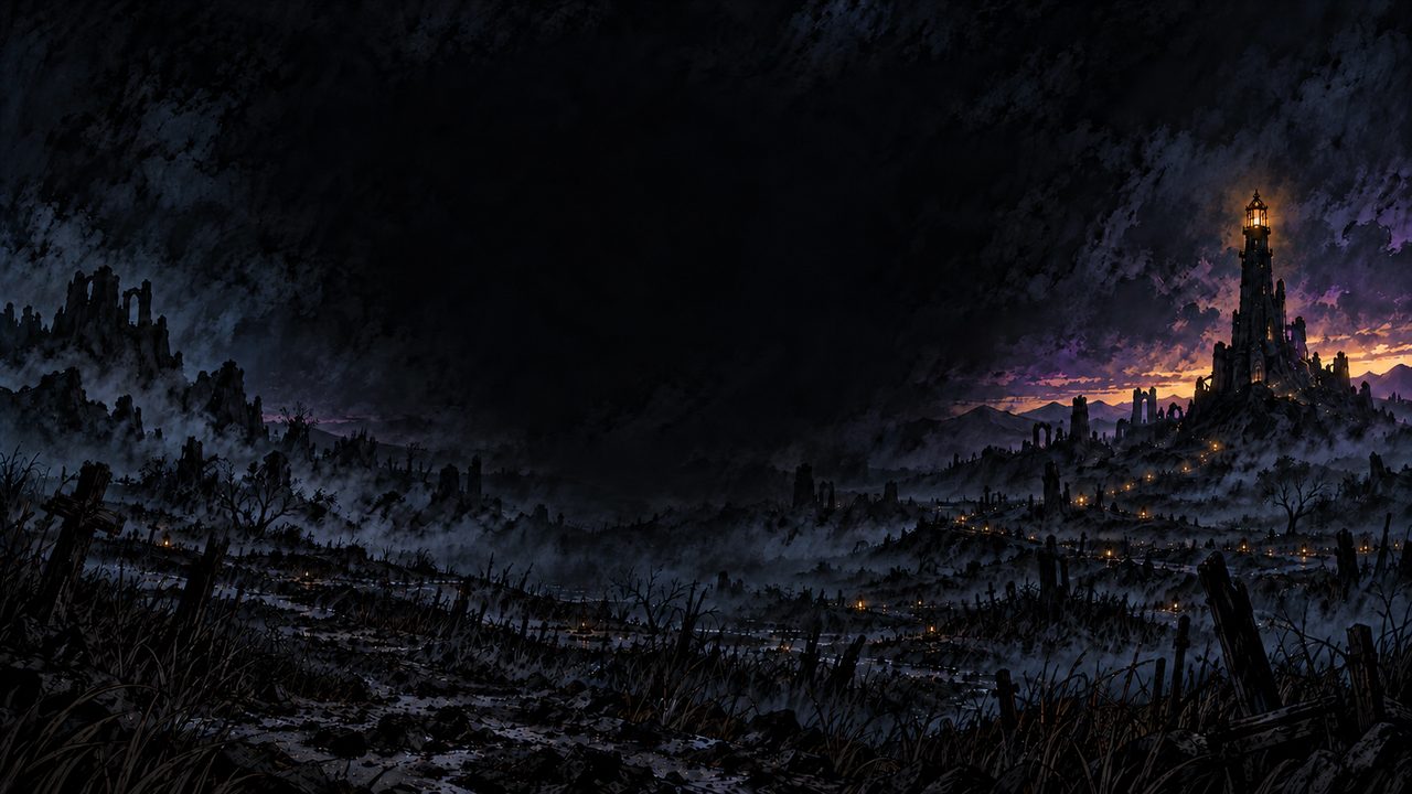 A distant tower holds a solitary light above a dark valley.